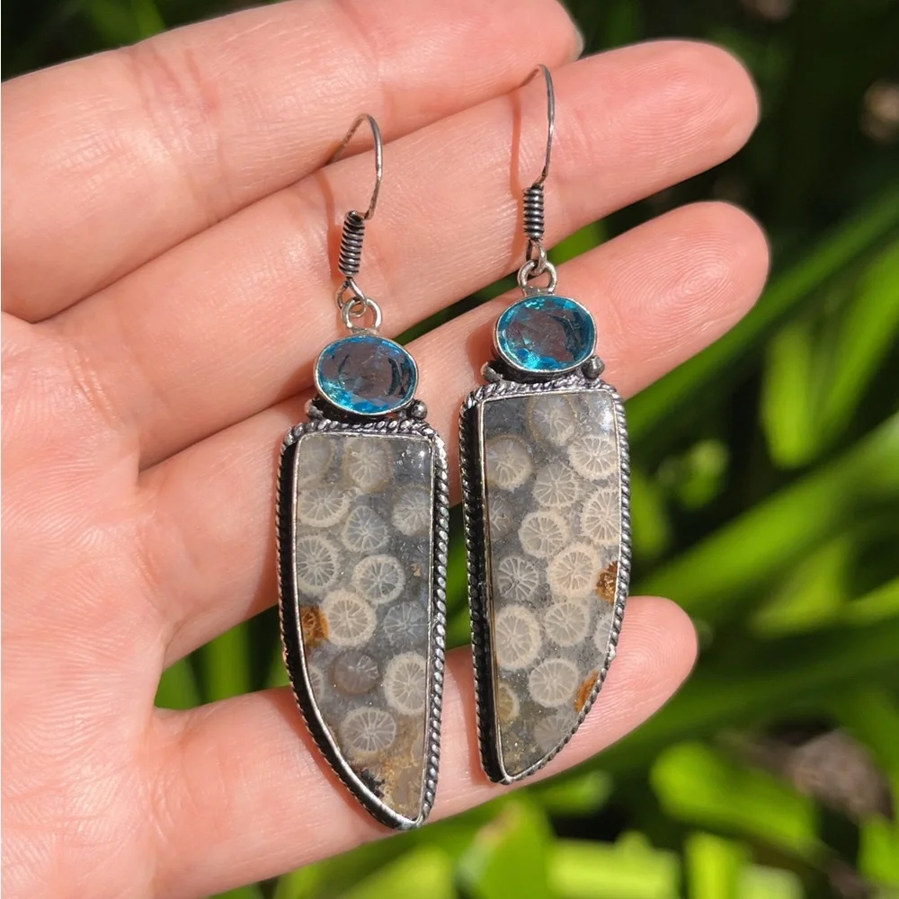 925 Silver plated‎ coral jade drop earrings